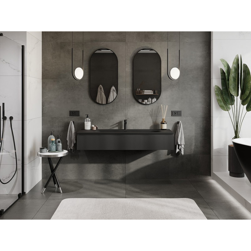 Mexen Rivel bathroom cabinet 140 cm with Vela sink, 1 drawer, grooved, matte black - 91A20-14023-1-BF71-W23M71