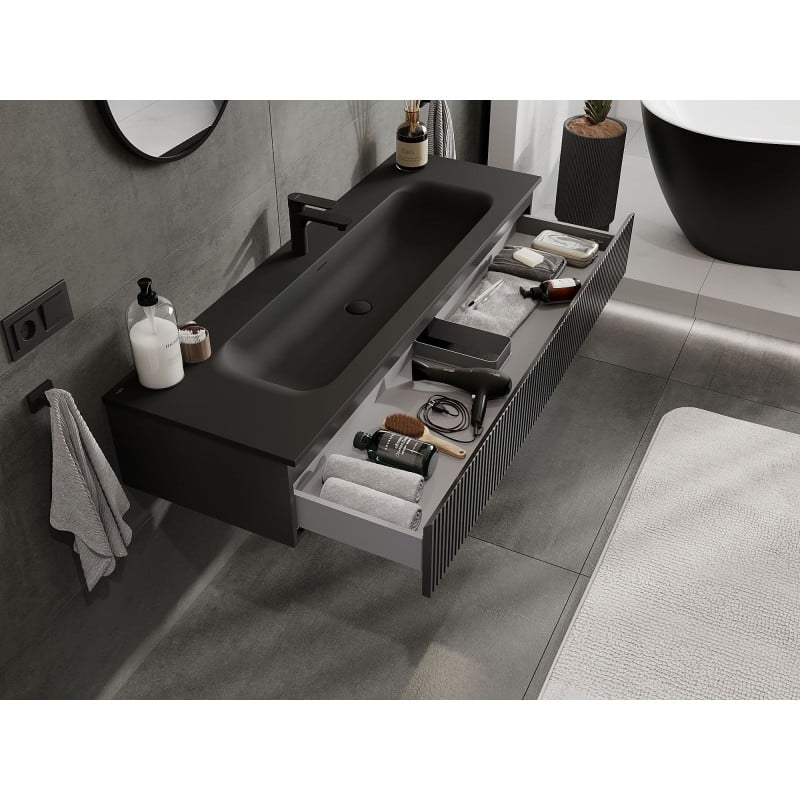 Mexen Rivel bathroom cabinet 140 cm with Vela sink, 1 drawer, fluted, black matte - 91A20-14023-1-BF71-W23M71