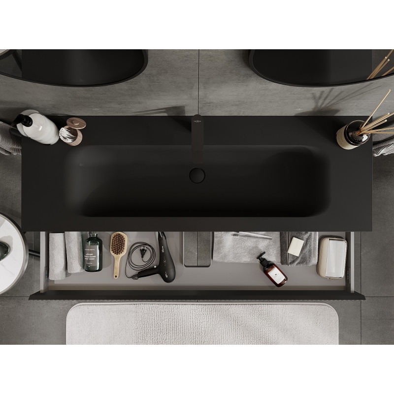 Mexen Rivel bathroom cabinet 140 cm with Vela sink, 1 drawer, grooved, matte black - 91A20-14023-1-BF71-W23M71