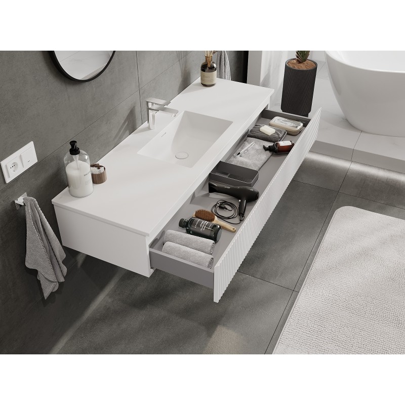 Mexen Rivel 140 cm bathroom cabinet with Otis sink, 1 drawer, ribbed, white matte - 91A20-14023-1-BF01-W18M01