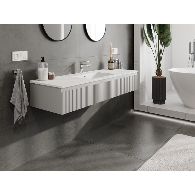 Mexen Rivel 140 cm Bathroom Cabinet with Sink Otis, 1 Drawer, Fluted, Gray Matte/White Matte - 91A20-14023-1-BF62-W18M01