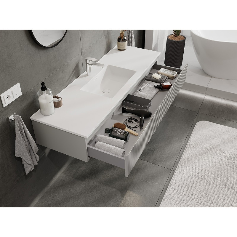 Mexen Rivel 140 cm Bathroom Cabinet with Sink Otis, 1 Drawer, Fluted, Gray Matte/White Matte - 91A20-14023-1-BF62-W18M01