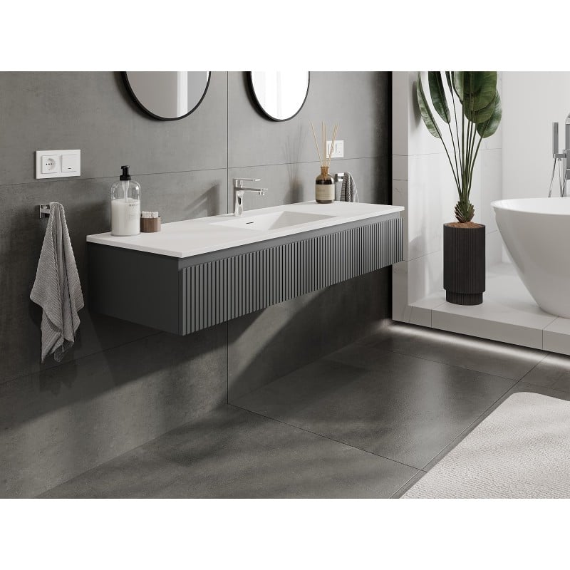 Mexen Rivel bathroom cabinet 140 cm with sink Otis, 1 drawer, fluted, matte graphite/white matte - 91A20-14023-1-BF66-W18M0