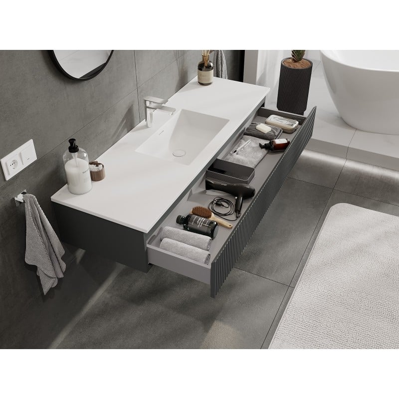 Mexen Rivel bathroom cabinet 140 cm with sink Otis, 1 drawer, fluted, matte graphite/white matte - 91A20-14023-1-BF66-W18M0