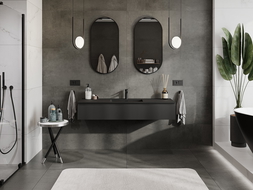 Mexen Rivel 140 cm bathroom cabinet with Otis washbasin, 1 drawer, fluted, black matte - 91A20-14023-1-BF71-W18M71