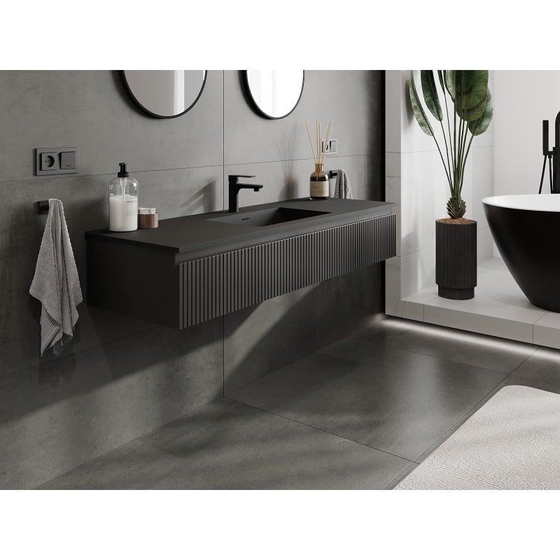 Mexen Rivel 140 cm bathroom cabinet with Otis washbasin, 1 drawer, fluted, black matte - 91A20-14023-1-BF71-W18M71