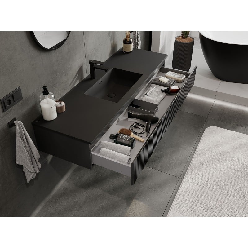 Mexen Rivel 140 cm bathroom cabinet with Otis washbasin, 1 drawer, fluted, black matte - 91A20-14023-1-BF71-W18M71