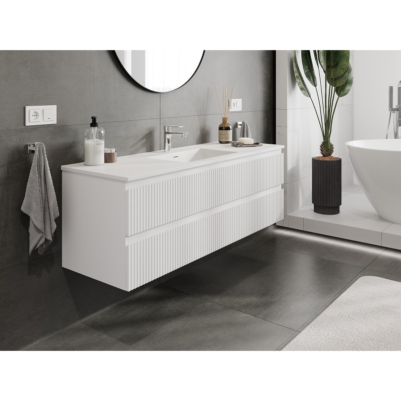 Mexen Rivel 140 cm Bathroom Cabinet with Otis Sink, 2 Drawers, Fluted, White Matte - 91A20-14047-2-BFF01-W18M01