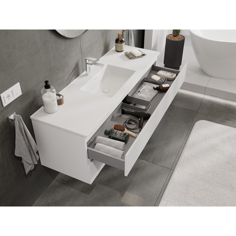 Mexen Rivel 140 cm Bathroom Cabinet with Otis Sink, 2 Drawers, Fluted, White Matte - 91A20-14047-2-BFF01-W18M01