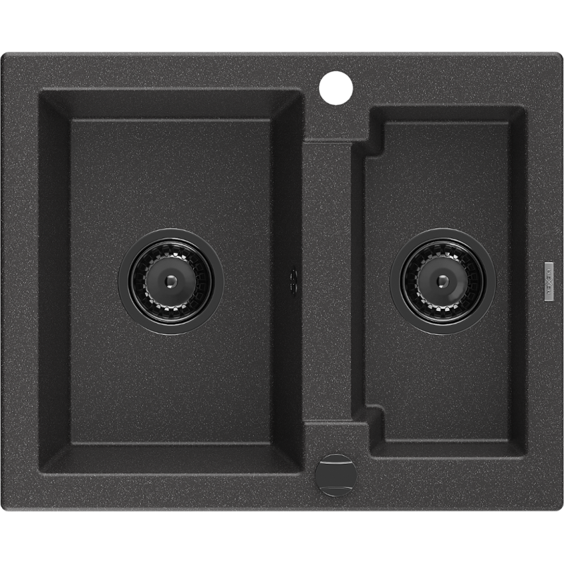 Mexen Carlos granite sink 1.5-bowl 582 x 475 mm, black speckled, black siphon - 6518581500-76-B