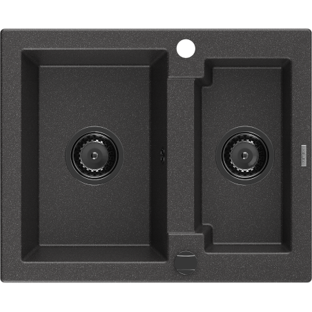 Mexen Carlos granite sink 1.5-bowl 582 x 475 mm, black speckled, black siphon - 6518581500-76-B