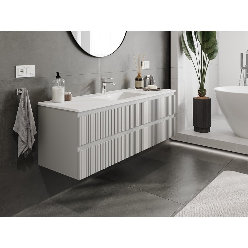 Mexen Rivel bathroom cabinet 140 cm with sink Otis, 2 drawers, grooved, gray matte/white matte - 91A20-14047-2-BFF62-W18M0