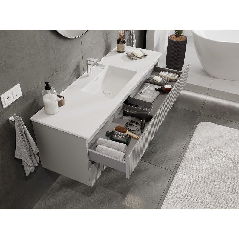 Mexen Rivel bathroom cabinet 140 cm with sink Otis, 2 drawers, grooved, gray matte/white matte - 91A20-14047-2-BFF62-W18M0