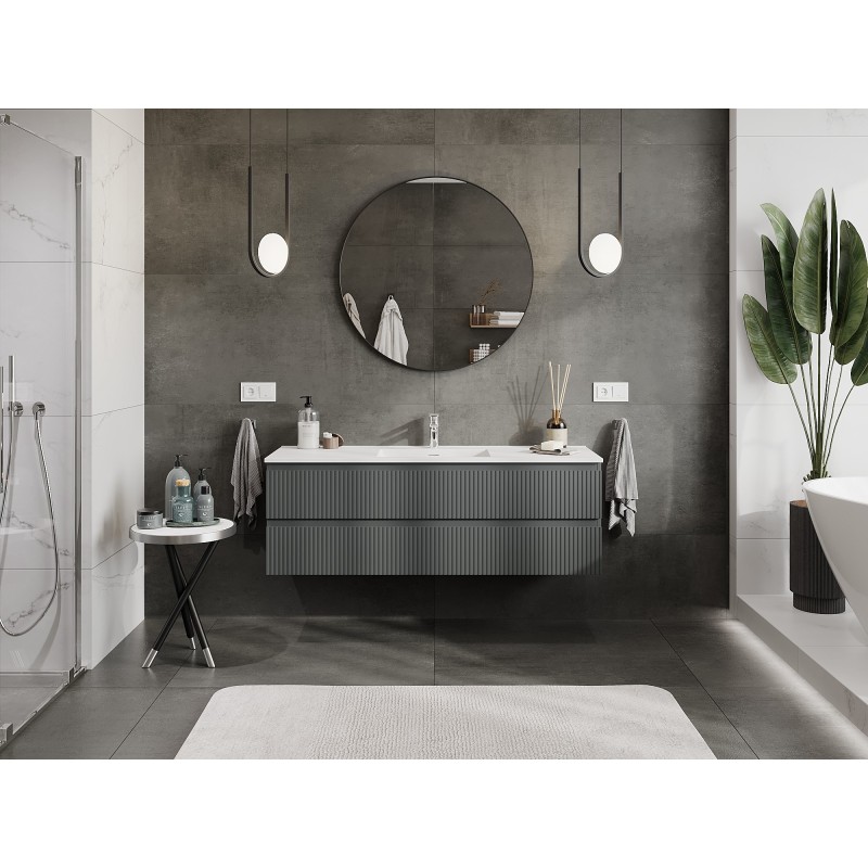 Mexen Rivel bathroom cabinet 140 cm with sink Otis, 2 drawers, fluted, graphite matte/white matte - 91A20-14047-2-BFF66-W18M