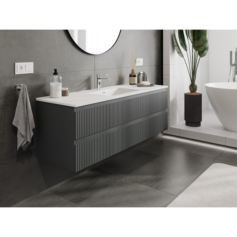 Mexen Rivel bathroom cabinet 140 cm with sink Otis, 2 drawers, fluted, graphite matte/white matte - 91A20-14047-2-BFF66-W18M