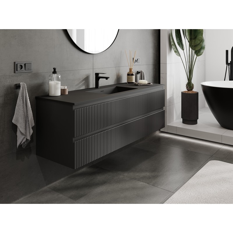 Mexen Rivel bathroom cabinet 140 cm with Otis sink, 2 drawers, grooved, black matte - 91A20-14047-2-BFF71-W18M71
