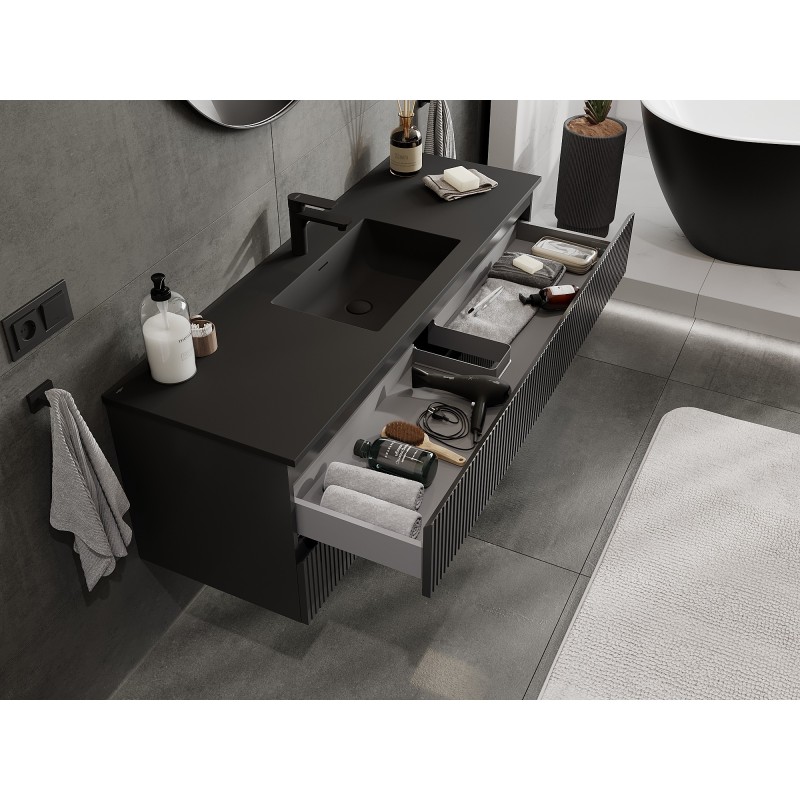 Mexen Rivel bathroom cabinet 140 cm with Otis sink, 2 drawers, grooved, black matte - 91A20-14047-2-BFF71-W18M71