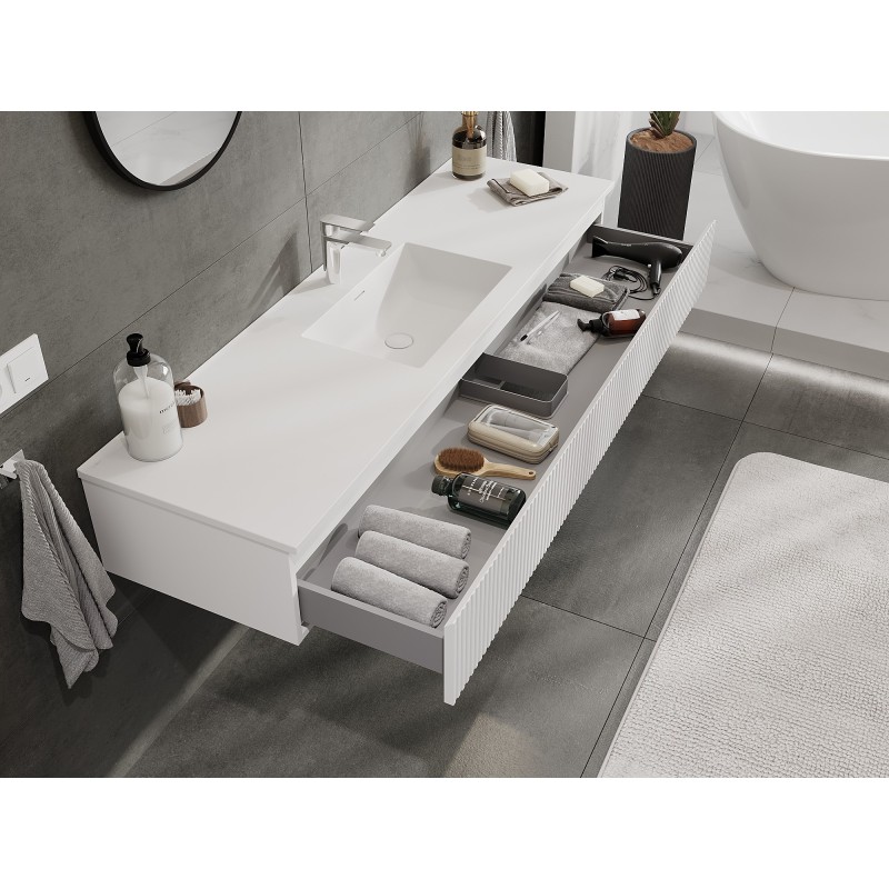 Mexen Rivel 160 cm bathroom cabinet with Otis sink, 1 drawer, fluted, white matt - 91A20-16023-1-BF01-W18M01
