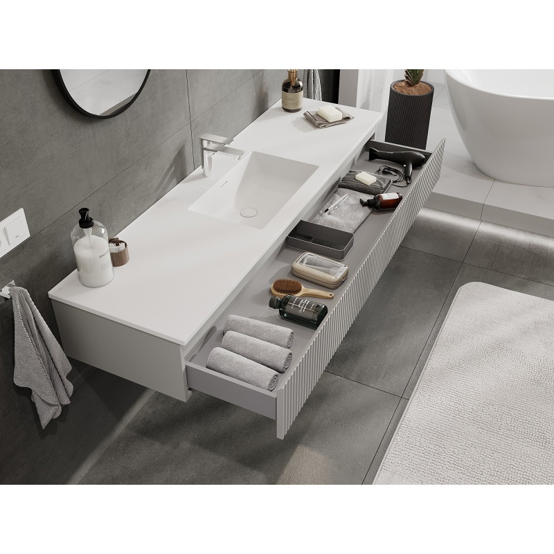 Mexen Rivel 160 cm Bathroom Cabinet with Otis Sink, 1 Drawer, Fluted, Grey Matte/White Matte - 91A20-16023-1-BF62-W18M01