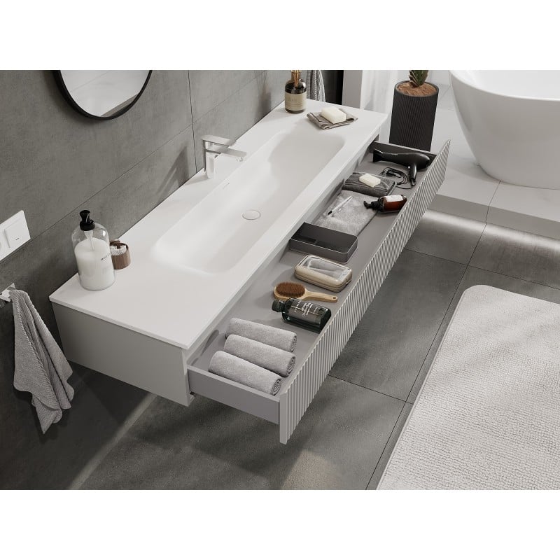 Mexen Rivel bathroom cabinet 140 cm with Vela sink, 1 drawer, fluted, grey matte/white matte - 91A20-16023-1-BF62-W23M01