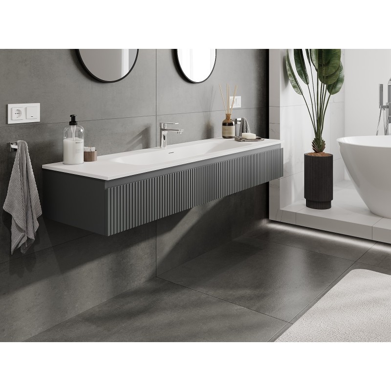 Mexen Rivel bathroom cabinet 160 cm with sink Vela, 1 drawer, fluted, matte graphite/white - 91A20-16023-1-BF66-W23M0