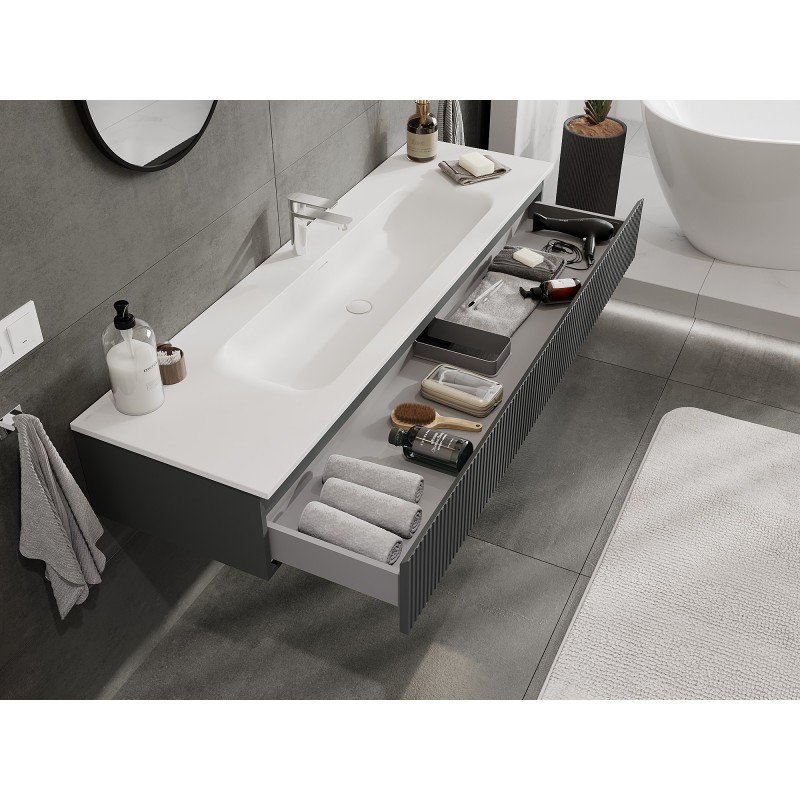 Mexen Rivel bathroom cabinet 160 cm with sink Vela, 1 drawer, fluted, matte graphite/white - 91A20-16023-1-BF66-W23M0