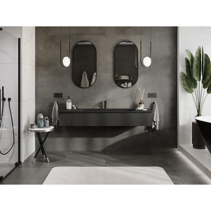 Mexen Rivel 160 cm bathroom cabinet with sink Vela, 1 drawer, fluted, matte black - 91A20-16023-1-BF71-W23M71