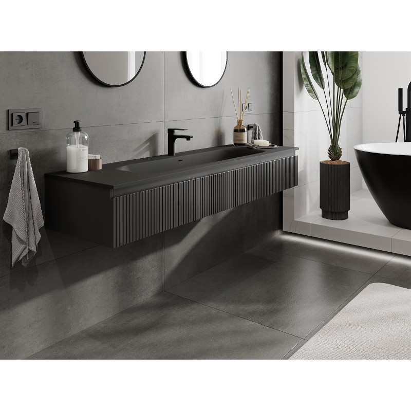 Mexen Rivel 160 cm bathroom cabinet with sink Vela, 1 drawer, fluted, matte black - 91A20-16023-1-BF71-W23M71
