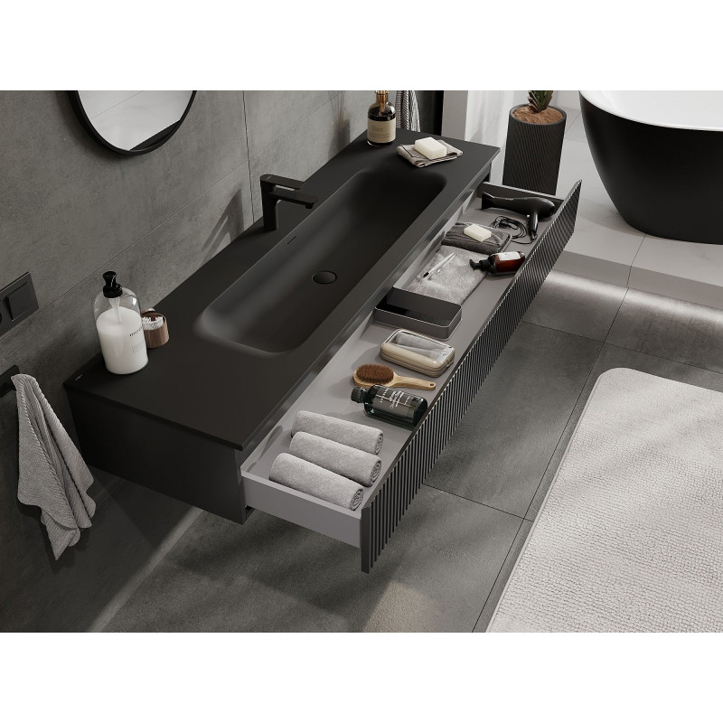 Mexen Rivel 160 cm bathroom cabinet with sink Vela, 1 drawer, fluted, matte black - 91A20-16023-1-BF71-W23M71