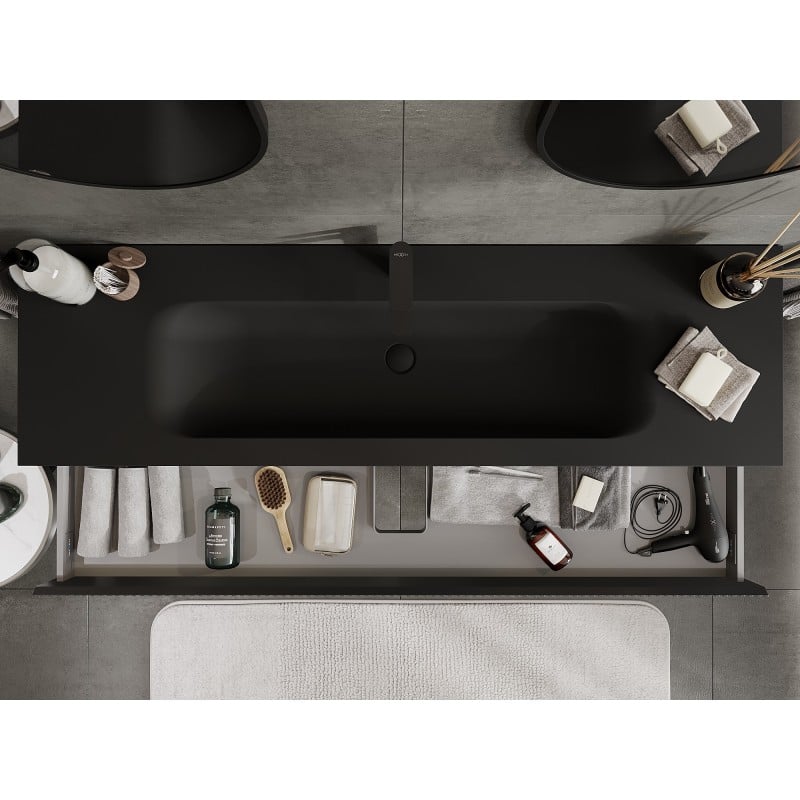 Mexen Rivel bathroom cabinet 160 cm with Vela washbasin, 1 drawer, fluted, black matte - 91A20-16023-1-BF71-W23M71