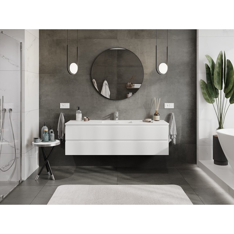 Mexen Rivel bathroom cabinet 160 cm with Otis washbasin, 2 drawers, fluted, white matte - 91A20-16047-2-BFF01-W18M01