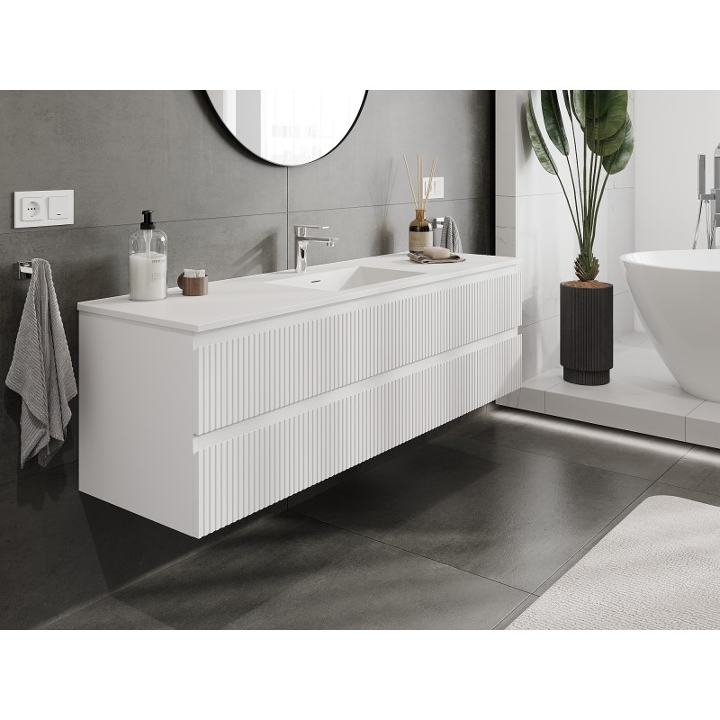 Mexen Rivel bathroom cabinet 160 cm with Otis washbasin, 2 drawers, fluted, white matte - 91A20-16047-2-BFF01-W18M01