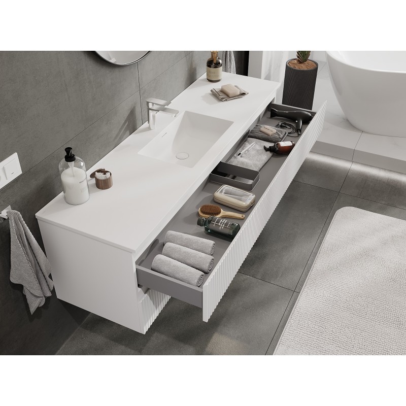 Mexen Rivel bathroom cabinet 160 cm with Otis washbasin, 2 drawers, fluted, white matte - 91A20-16047-2-BFF01-W18M01