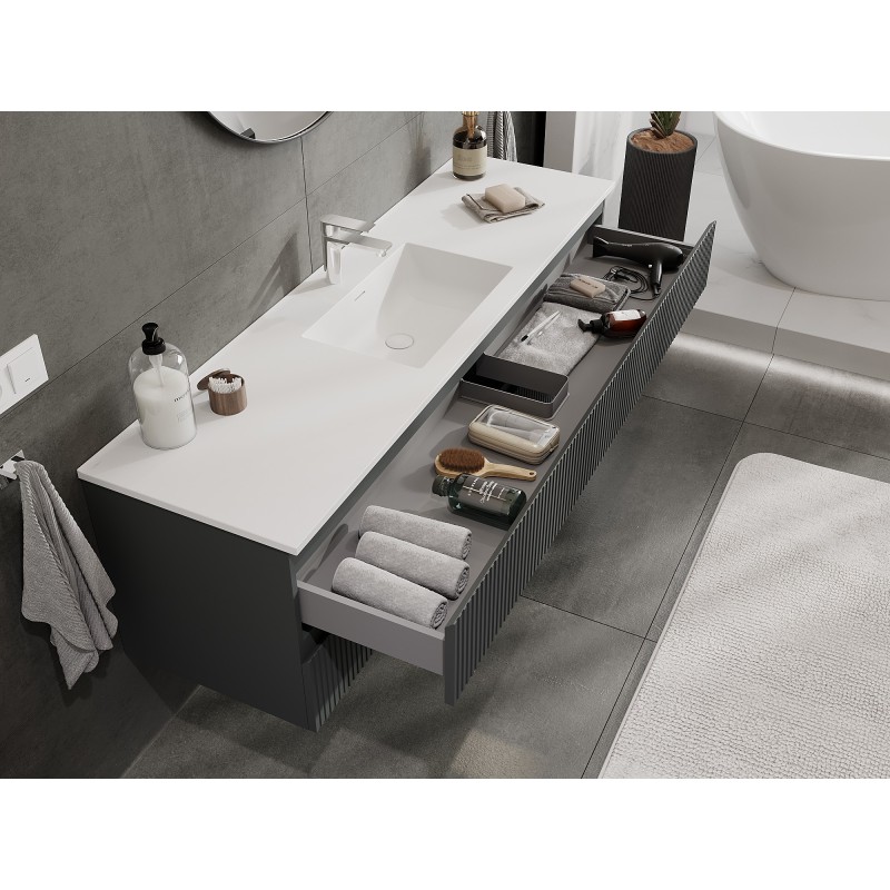 Mexen Rivel bathroom cabinet 160 cm with sink Otis, 2 drawers, fluted, graphite matte/white matte - 91A20-16047-2-BFF66-W18M