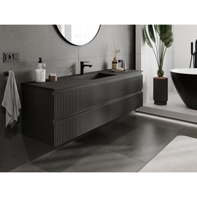 Mexen Rivel 160 cm Bathroom Cabinet with Otis Basin, 2 Drawers, Grooved, Black Matte - 91A20-16047-2-BFF71-W18M71