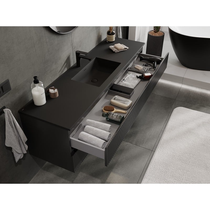 Mexen Rivel 160 cm Bathroom Cabinet with Otis Basin, 2 Drawers, Grooved, Black Matte - 91A20-16047-2-BFF71-W18M71