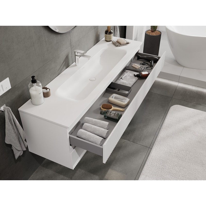 Mexen Rivel bathroom cabinet 160 cm with Vela washbasin, 2 drawers, fluted, white matt - 91A20-16047-2-BFF01-W23M01