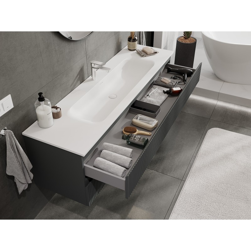 Mexen Rivel bathroom cabinet 160 cm with sink Vela, 2 drawers, fluted, matte graphite/white matte - 91A20-16047-2-BFF66-W23M