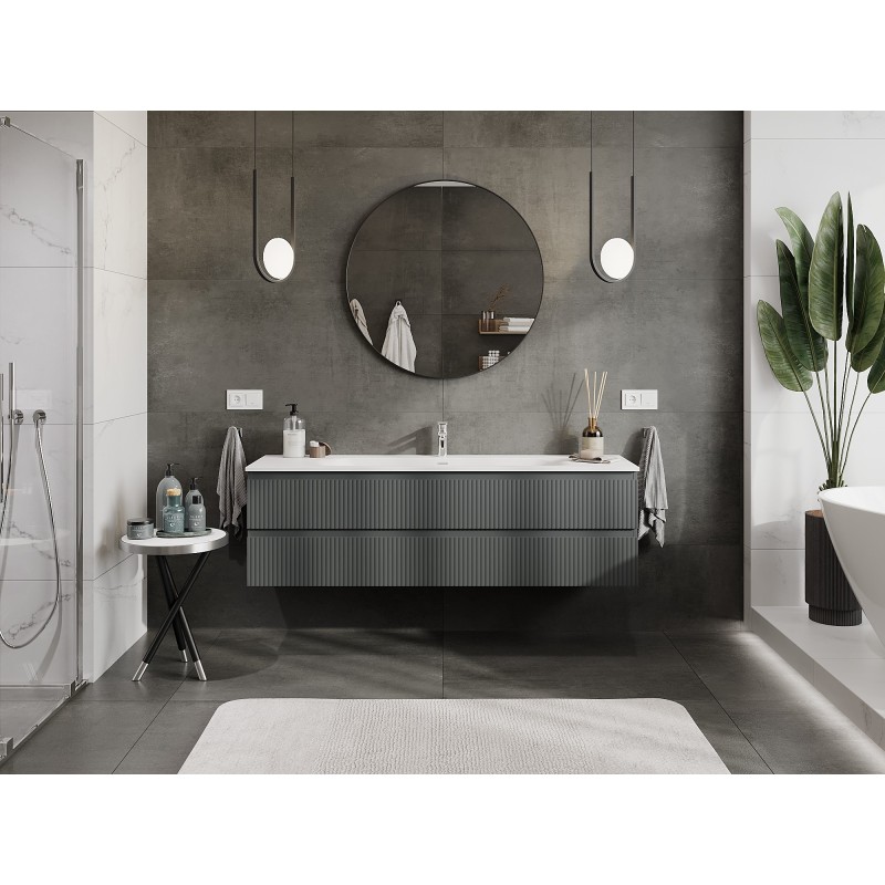 Mexen Rivel bathroom cabinet 160 cm with sink Vela, 2 drawers, fluted, matte graphite/white matte - 91A20-16047-2-BFF66-W23M