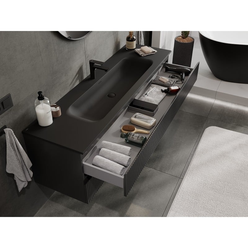 Mexen Rivel bathroom cabinet 160 cm with Vela sink, 2 drawers, grooved, black matte - 91A20-16047-2-BFF71-W23M71