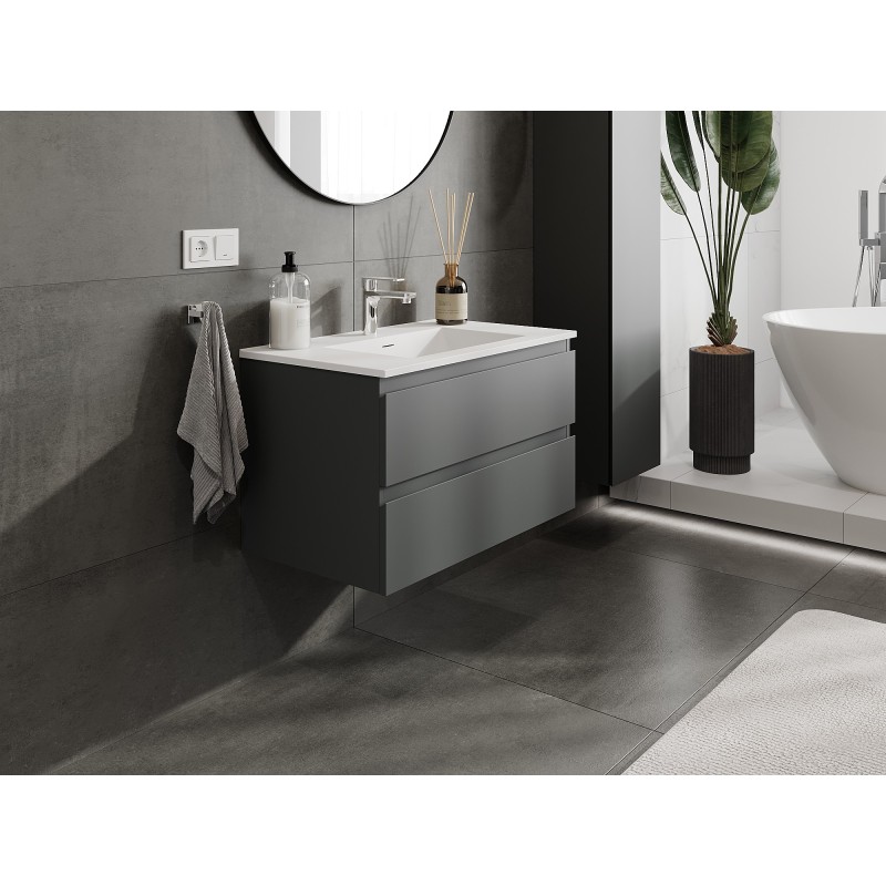 Mexen Orio 80 cm bathroom cabinet with Otis sink, 2 drawers, matte graphite/white matte - 91A10-08047-2-BFF66-W18M01