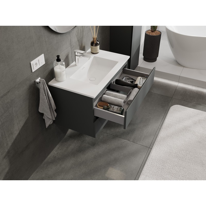 Mexen Orio 80 cm bathroom cabinet with Otis sink, 2 drawers, matte graphite/white matte - 91A10-08047-2-BFF66-W18M01