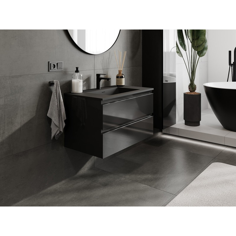 Mexen Orio bathroom cabinet 80 cm with Otis sink, 2 drawers, black gloss/matte black - 91A10-08047-2-BFF70-W18M71