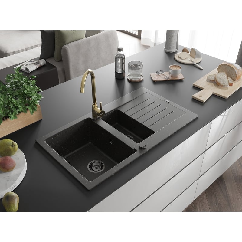 Mexen Matias granite sink 1.5-bowl with drainer and Telma kitchen faucet, black/gold - 6502-75-670200-50-B