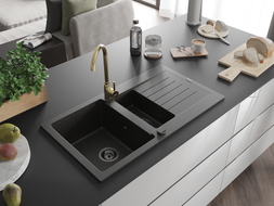 Mexen Matias granite sink 1.5-bowl with drainer and Telma kitchen faucet, black/gold - 6502-75-670200-50-B