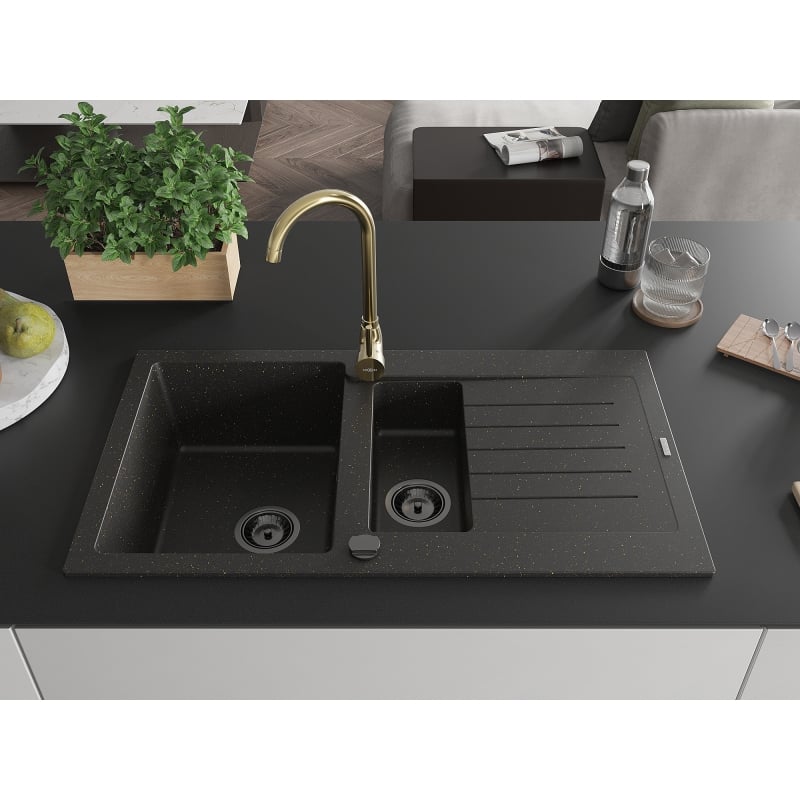 Mexen Matias granite sink 1.5-bowl with drainer and Telma kitchen faucet, black/gold - 6502-75-670200-50-B