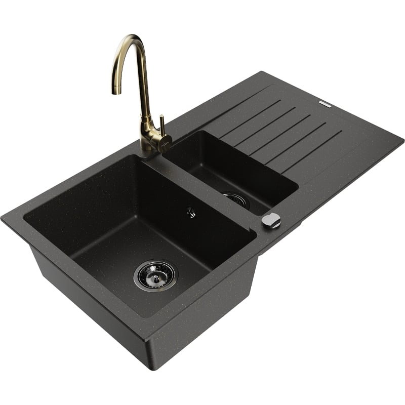 Mexen Matias granite sink 1.5-bowl with drainer and Telma kitchen faucet, black/gold - 6502-75-670200-50-B
