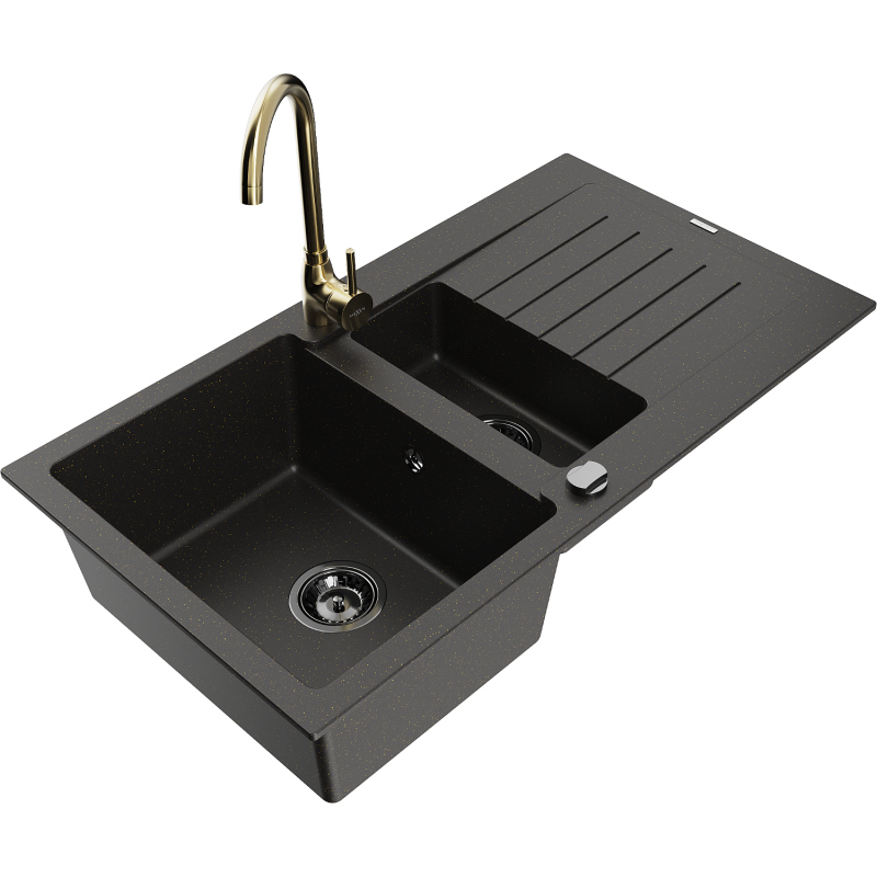 Mexen Matias granite sink 1.5-bowl with drainer and Telma kitchen tap, black/gold - 6502-75-670200-50-B