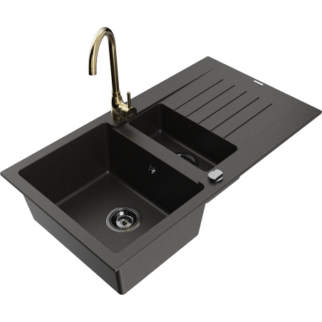 Mexen Matias 1.5-compartment granite sink with a drip tray and kitchen mixer tap Telma, Black/Gold - 6502-75-670200-50-B