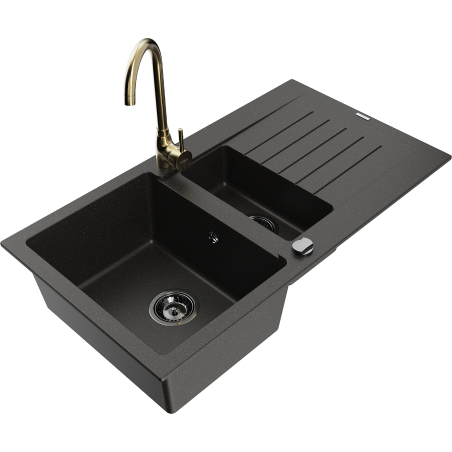 Mexen Matias granite sink 1.5-bowl with drainer and Telma kitchen faucet, black/gold - 6502-75-670200-50-B